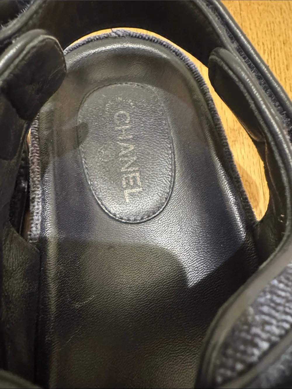 CHANEL Navy Dad Navy Sandals with Logo Hardware size 38